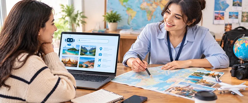 AI and travel expert planning a trip together