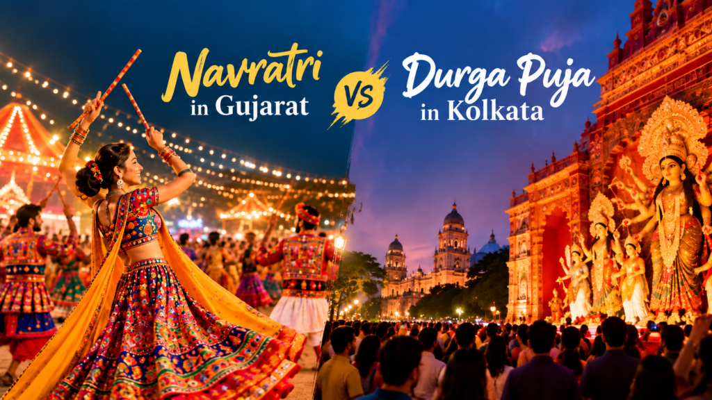 Navratri in Gujarat vs Durga Puja in Kolkata festive celebration banner
