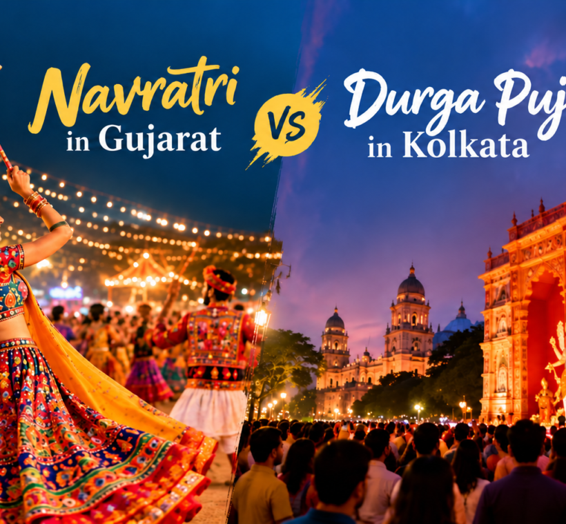 Navratri in Gujarat vs Durga Puja in Kolkata festive celebration banner