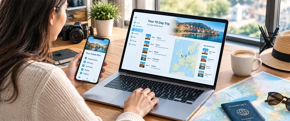 Travel advisor helping a couple plan a trip